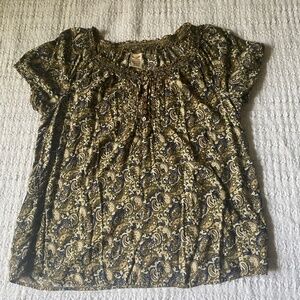 Khaki, Dark Green, White with Navy Paisley & Flowered Design Short Sleeve Top XL